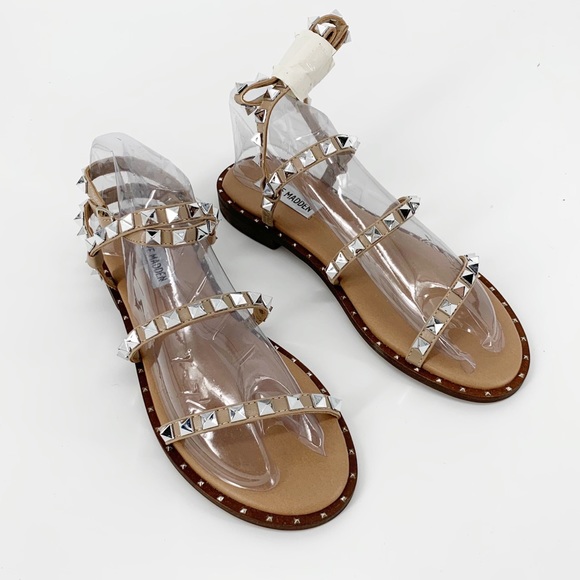 Steve Madden Tan Rock Studded Travel Strappy Ankle Wrap Flat Sandals Size 7 - Picture 4 of 13